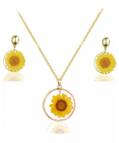 Pressed Flower Necklace Earrings Set,Bohemian Dried Flower Resin Double-Sided Drop Daisy Sunflower Handmade Statement Jewelry...