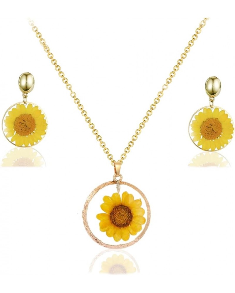 Pressed Flower Necklace Earrings Set,Bohemian Dried Flower Resin Double-Sided Drop Daisy Sunflower Handmade Statement Jewelry...