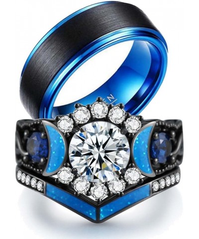 Couple Rings Black Matching Ring 1.5ct CZ Women Wedding Ring Sets for Him and Her Ring Sets Moon Ring Blue women size8 & men ...