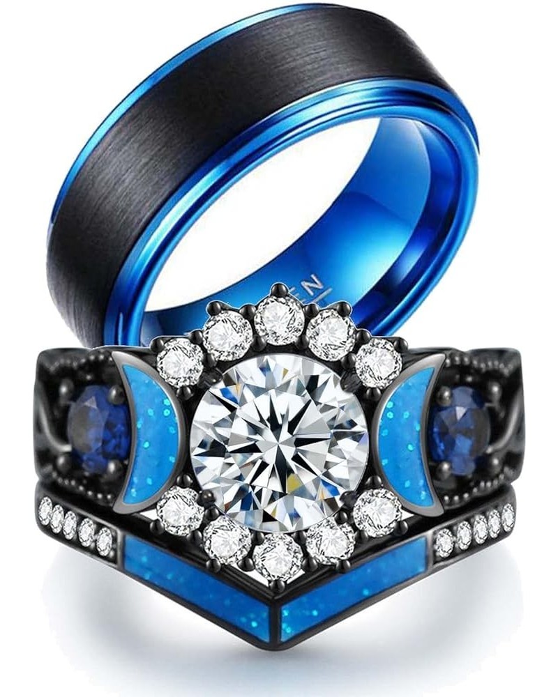 Couple Rings Black Matching Ring 1.5ct CZ Women Wedding Ring Sets for Him and Her Ring Sets Moon Ring Blue women size8 & men ...