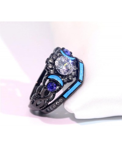 Couple Rings Black Matching Ring 1.5ct CZ Women Wedding Ring Sets for Him and Her Ring Sets Moon Ring Blue women size8 & men ...