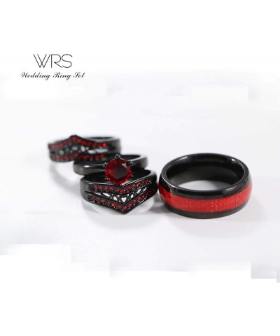 Two Rings His Hers Wedding Ring Sets Couples Matching Rings Women's 2pc Black Gold Plated Red CZ Wedding Engagement Ring Brid...