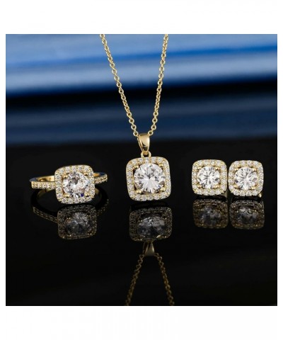 Jewelry Set for Women, 18K Rose Gold Plated Halo Cubic Zirconia Necklace/Earrings/Rings Wedding Hypoallergenic Jewelry Three-...