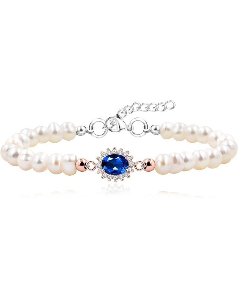 925 Silver Freshwater Pearl Beaded Bracelet Center Setting with Garnet/Sapphire/Peridot Precious Birthstone Bracelet Blue Sap...