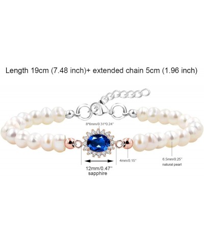 925 Silver Freshwater Pearl Beaded Bracelet Center Setting with Garnet/Sapphire/Peridot Precious Birthstone Bracelet Blue Sap...