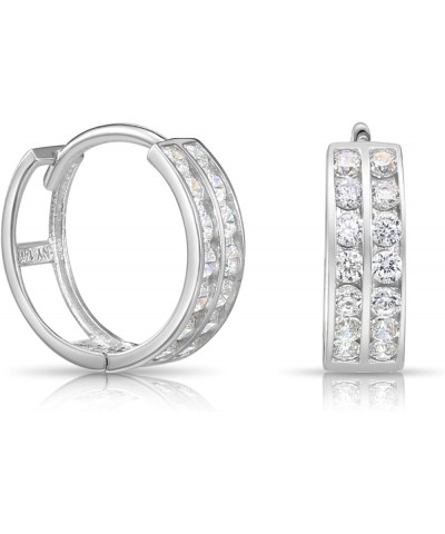 14k Gold Huggie Hoop Earrings, Double Row CZ Hoops White Gold $38.76 Earrings