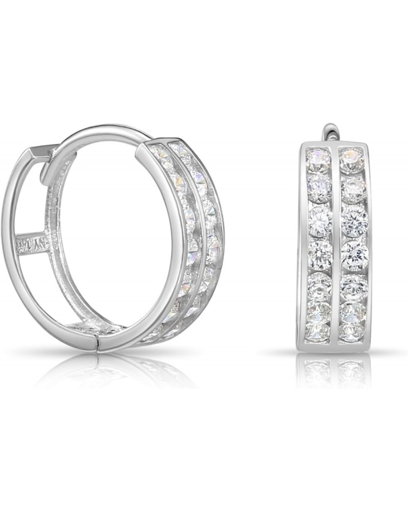 14k Gold Huggie Hoop Earrings, Double Row CZ Hoops White Gold $38.76 Earrings