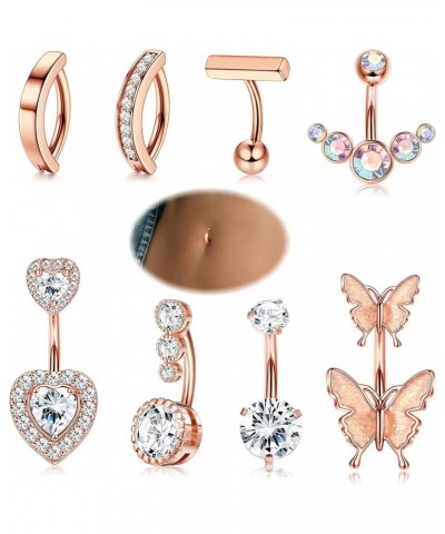 8Pcs Clicker Belly Button Ring for Women Surgical Steel CZ Heart Butterfly Belly Ring Simple Bar Reverse Curved Navel Rings B...