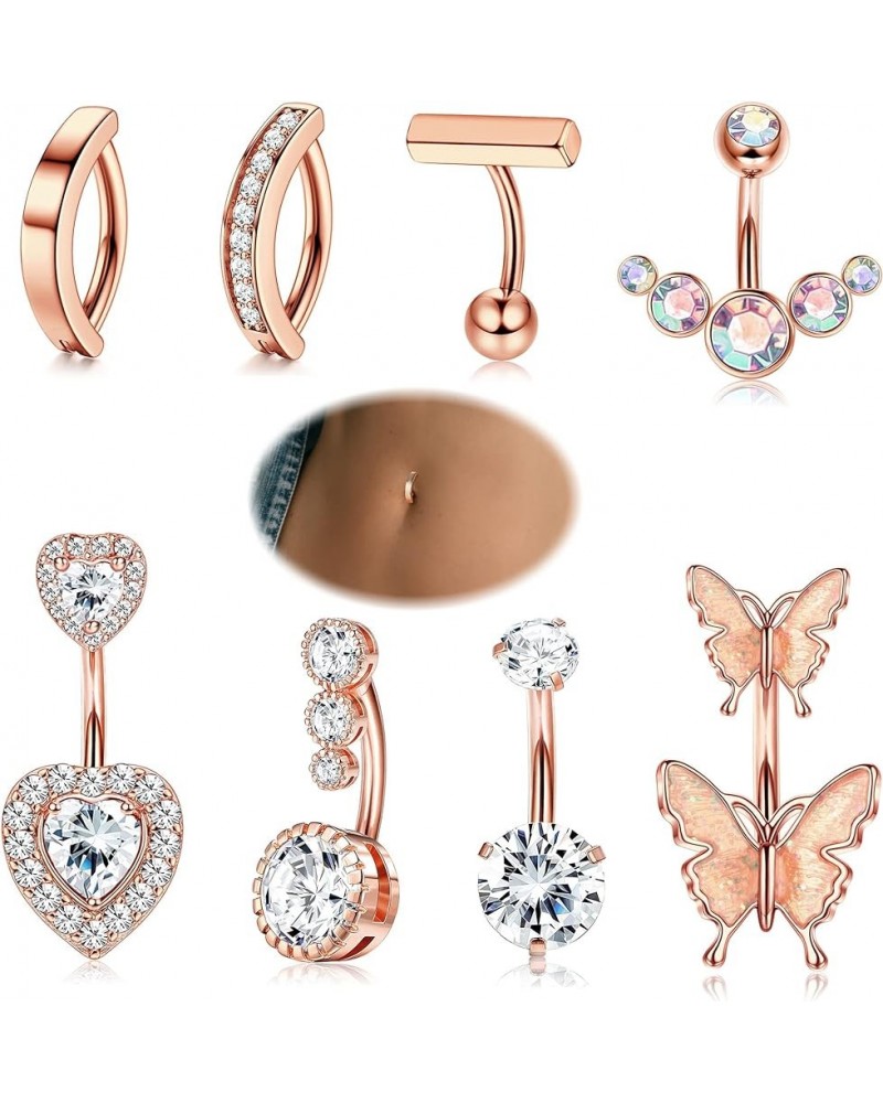 8Pcs Clicker Belly Button Ring for Women Surgical Steel CZ Heart Butterfly Belly Ring Simple Bar Reverse Curved Navel Rings B...