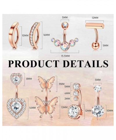 8Pcs Clicker Belly Button Ring for Women Surgical Steel CZ Heart Butterfly Belly Ring Simple Bar Reverse Curved Navel Rings B...