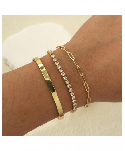 Gold Bracelets for Women Stack 14K Gold Plated Bangle Cuff Bracelet Set for Women Non Tarnish Gold Beaded Paperclip Link Chai...