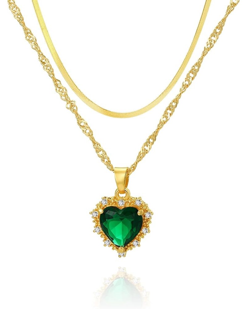 Love Heart Pendant Necklace Birthdaystone Charm Pendant Necklace Layered Chain Heart Crystal Necklace for Women Girls Green H...