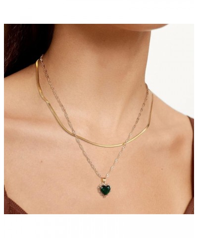 Love Heart Pendant Necklace Birthdaystone Charm Pendant Necklace Layered Chain Heart Crystal Necklace for Women Girls Green H...