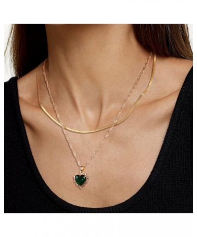 Love Heart Pendant Necklace Birthdaystone Charm Pendant Necklace Layered Chain Heart Crystal Necklace for Women Girls Green H...