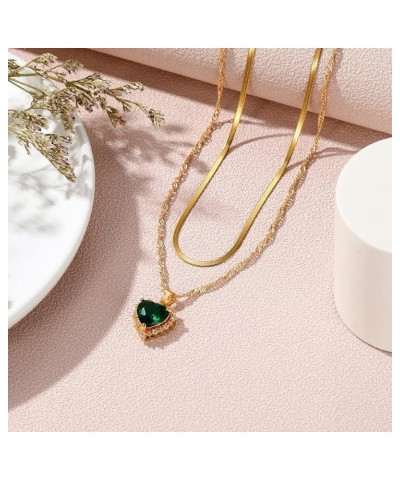 Love Heart Pendant Necklace Birthdaystone Charm Pendant Necklace Layered Chain Heart Crystal Necklace for Women Girls Green H...