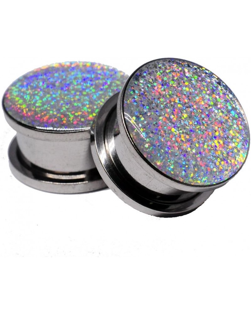 Screw on Plugs - Silver Holographic Glitter Plugs - Sold As a Pair 0g (8mm) $9.53 Body Jewelry