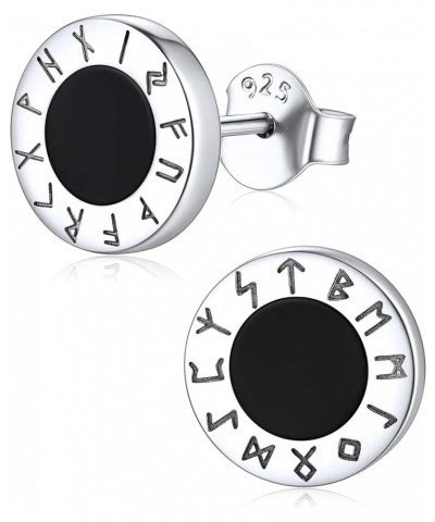 925 Sterling Silver Viking Rune Natural Black Onyx Stud Earrings For Women Men B: Front Runes-Silver $15.50 Earrings