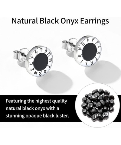 925 Sterling Silver Viking Rune Natural Black Onyx Stud Earrings For Women Men B: Front Runes-Silver $15.50 Earrings