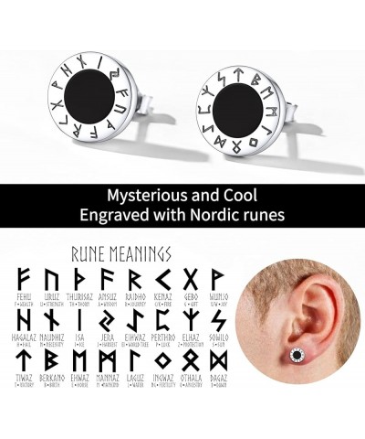 925 Sterling Silver Viking Rune Natural Black Onyx Stud Earrings For Women Men B: Front Runes-Silver $15.50 Earrings