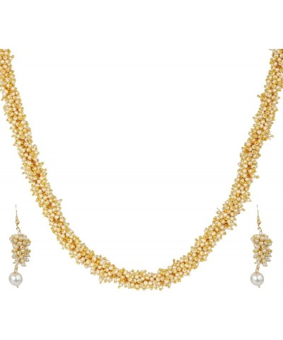 Faux Pearl Necklace Handmade Strand Beaded Necklace Drop Earrings Indian Jewelry Set for Women Style 2 Gold $14.38 Jewelry Sets