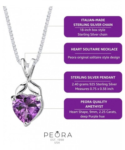 Amethyst Heart Pendant Necklace 925 Sterling Silver, Designer Solitaire, 2.25 Carats, 9mm, with 18 inch Silver Chain $37.50 N...