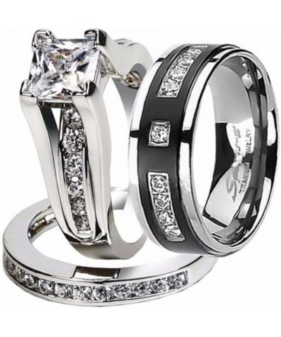 Hers and His Stainless Steel Princess Wedding Ring Set and Titanium Wedding Band Women's Size 06 Men's Size 08 $23.58 Sets