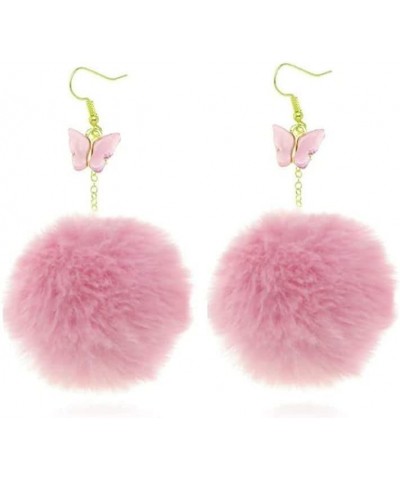 Pink Green Purple Pom Pom Earrings Butterfly Dangle Earrings Faux Fur Ball Fluffy Earrings For Women And Teen Girls Autumn Wi...