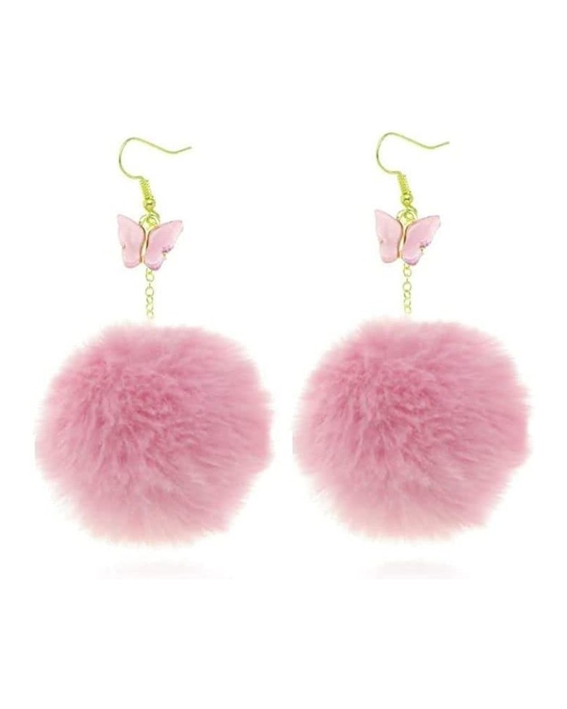 Pink Green Purple Pom Pom Earrings Butterfly Dangle Earrings Faux Fur Ball Fluffy Earrings For Women And Teen Girls Autumn Wi...