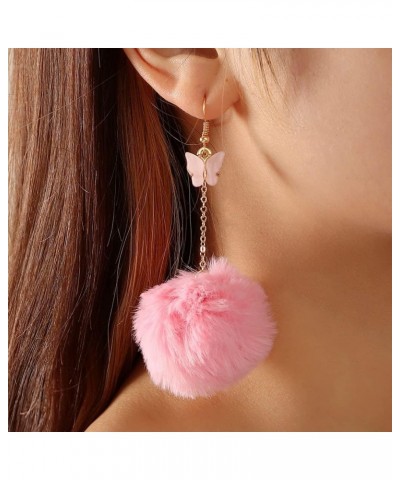 Pink Green Purple Pom Pom Earrings Butterfly Dangle Earrings Faux Fur Ball Fluffy Earrings For Women And Teen Girls Autumn Wi...