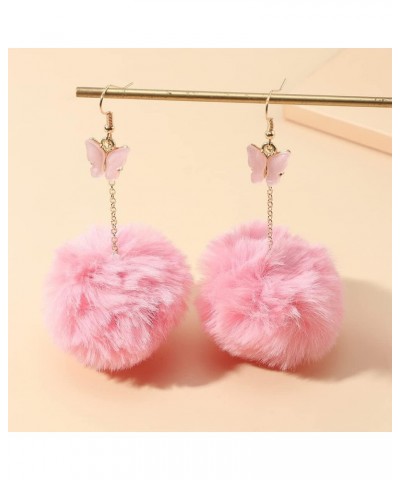 Pink Green Purple Pom Pom Earrings Butterfly Dangle Earrings Faux Fur Ball Fluffy Earrings For Women And Teen Girls Autumn Wi...