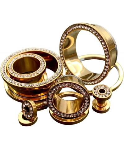 PAIR of CZ Gem Rimmed Gold Ion Plated Tunnels Plugs Pierced Earlets Gauges 9/16" (14mm) $15.32 Body Jewelry