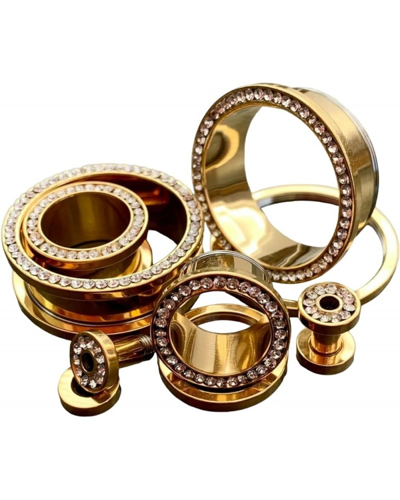 PAIR of CZ Gem Rimmed Gold Ion Plated Tunnels Plugs Pierced Earlets Gauges 9/16" (14mm) $15.32 Body Jewelry