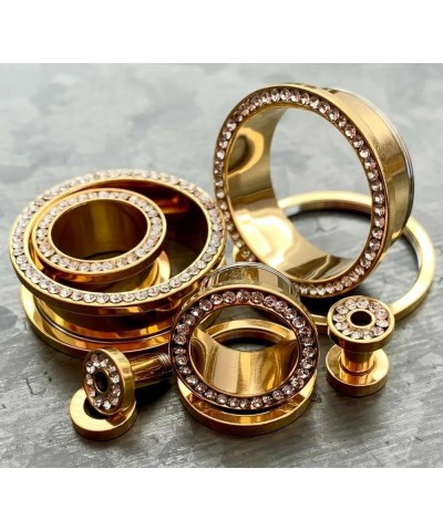 PAIR of CZ Gem Rimmed Gold Ion Plated Tunnels Plugs Pierced Earlets Gauges 9/16" (14mm) $15.32 Body Jewelry