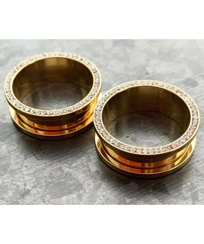 PAIR of CZ Gem Rimmed Gold Ion Plated Tunnels Plugs Pierced Earlets Gauges 9/16" (14mm) $15.32 Body Jewelry