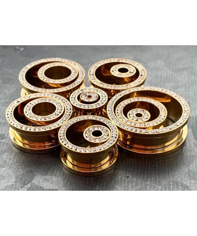 PAIR of CZ Gem Rimmed Gold Ion Plated Tunnels Plugs Pierced Earlets Gauges 9/16" (14mm) $15.32 Body Jewelry