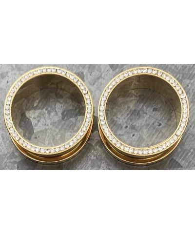 PAIR of CZ Gem Rimmed Gold Ion Plated Tunnels Plugs Pierced Earlets Gauges 9/16" (14mm) $15.32 Body Jewelry