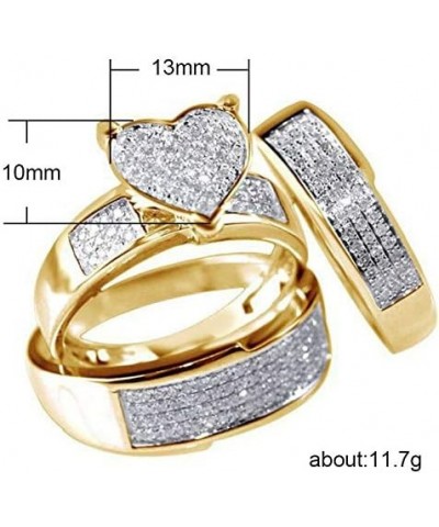 14K Gold Plated Heart CZ Ring Sets AAA Cubic Zirconia Three Row Round Faux Diamond Engagements Rings Wedding 3 Pcs Promise An...