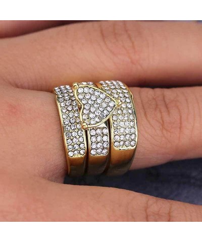 14K Gold Plated Heart CZ Ring Sets AAA Cubic Zirconia Three Row Round Faux Diamond Engagements Rings Wedding 3 Pcs Promise An...