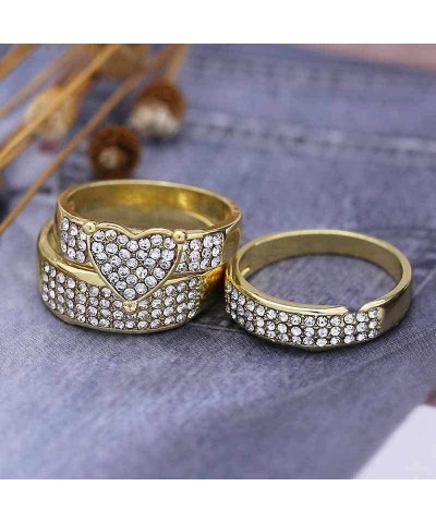 14K Gold Plated Heart CZ Ring Sets AAA Cubic Zirconia Three Row Round Faux Diamond Engagements Rings Wedding 3 Pcs Promise An...