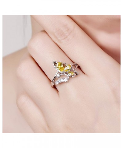 Women 925 Sterling Silver Plated Pear Cut Filled 2PCS Sapphire Quartz Dainty Butterfly Eternity Wedding Ring US7 B_Yellow $4....