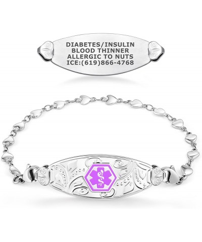 Custom Engraved Lovely Filigree Medical Alert ID Bracelets for Women with Heart Link Chains – Color/Size 7.0 Inches Purple $2...