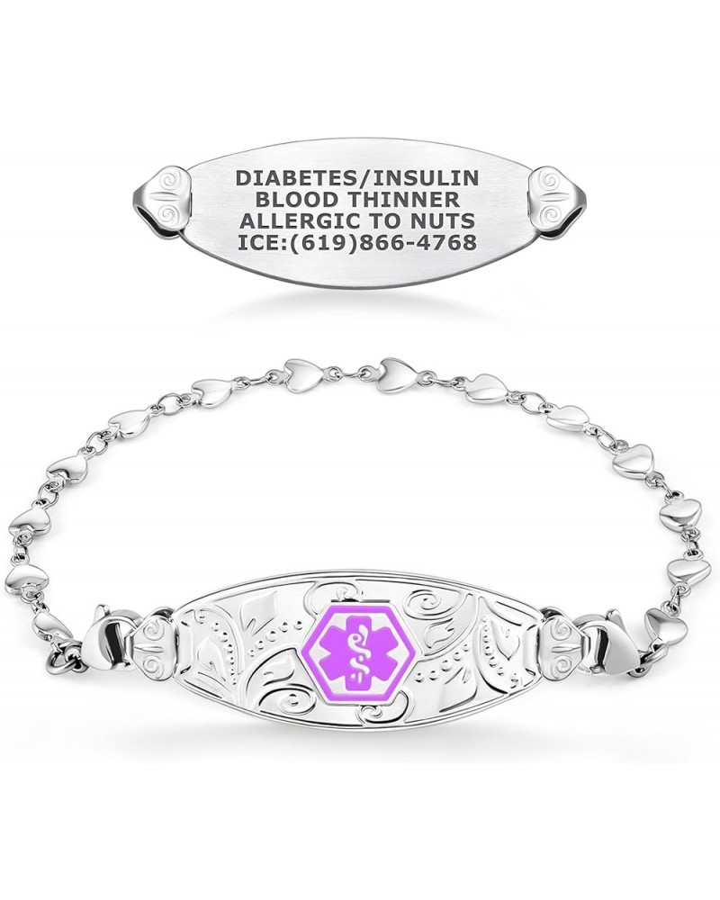 Custom Engraved Lovely Filigree Medical Alert ID Bracelets for Women with Heart Link Chains – Color/Size 7.0 Inches Purple $2...