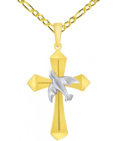 14k Yellow Gold Holy Spirit Dove Two Tone Religious Cross Pendant with Rolo Cable, Cuban Curb, or Figaro Chain Necklaces 18.0...