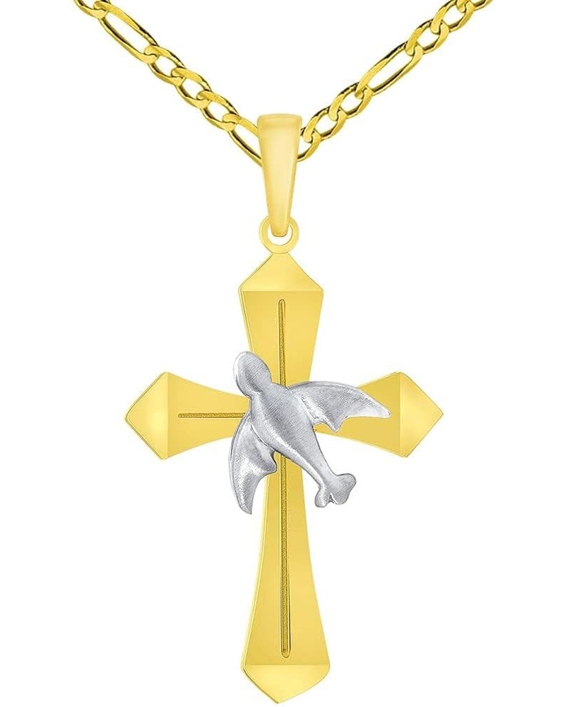 14k Yellow Gold Holy Spirit Dove Two Tone Religious Cross Pendant with Rolo Cable, Cuban Curb, or Figaro Chain Necklaces 18.0...