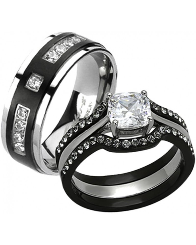 His and Her 4 Piece Black and Silver Stainless Steel and Titanium Wedding Ring Band Set Size Women's 05 Men's 08 $20.09 Sets