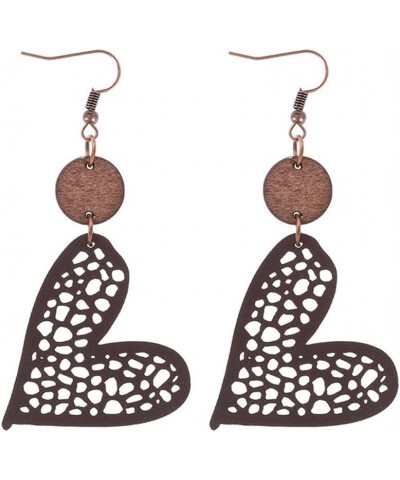 New Valentine's Day Jewelry Round Wooden Chip Heart Hollow Mesh Leather Women's Earrings Brown $5.19 Earrings