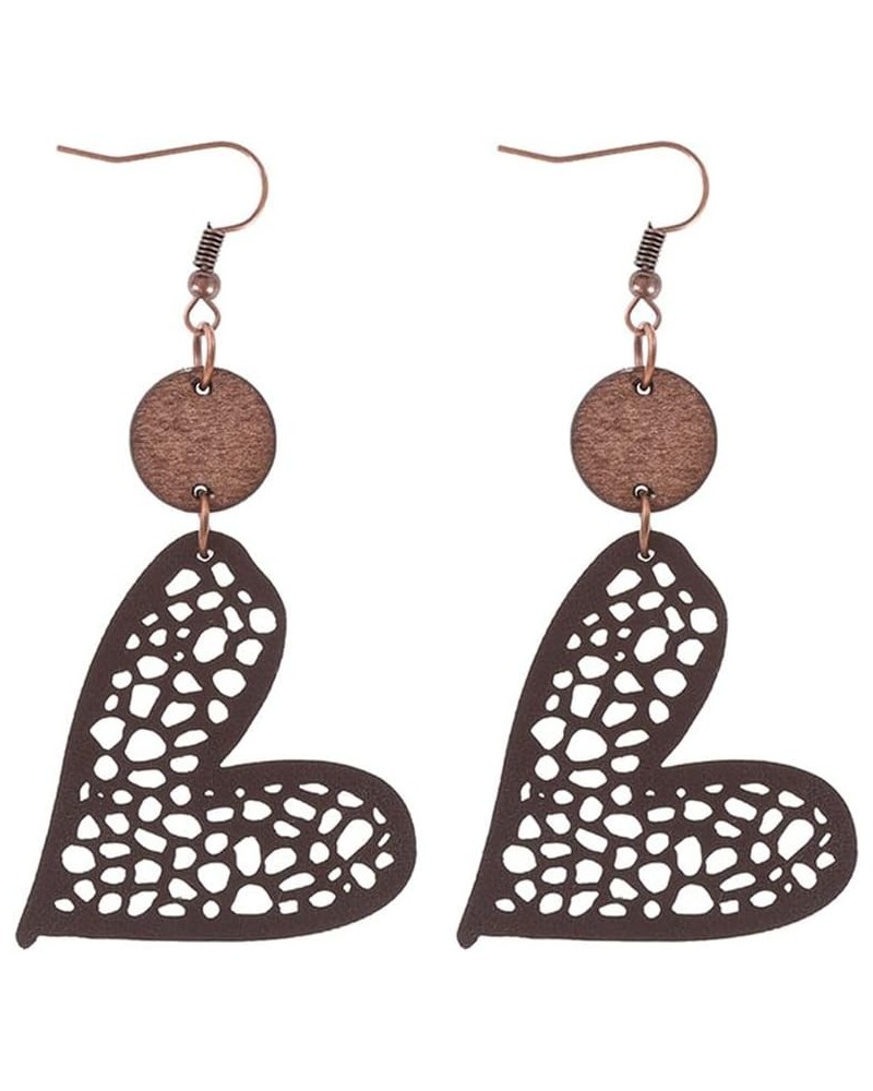 New Valentine's Day Jewelry Round Wooden Chip Heart Hollow Mesh Leather Women's Earrings Brown $5.19 Earrings