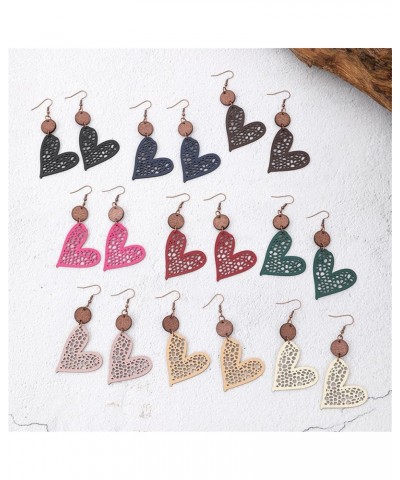 New Valentine's Day Jewelry Round Wooden Chip Heart Hollow Mesh Leather Women's Earrings Brown $5.19 Earrings